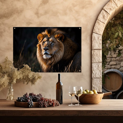 Majestueuze leeuw in donkere achtergrond tuinposter