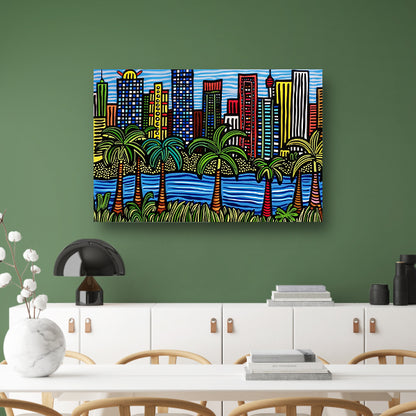 Kleurrijk stadsgezicht met palmbomen schilderij acrylglas
