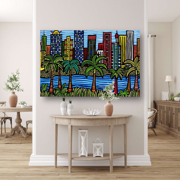 Kleurrijk stadsgezicht met palmbomen schilderij acrylglas