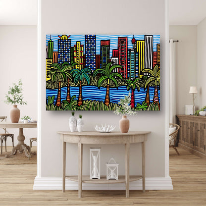 Kleurrijk stadsgezicht met palmbomen schilderij acrylglas