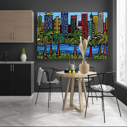 Kleurrijk stadsgezicht met palmbomen schilderij acrylglas