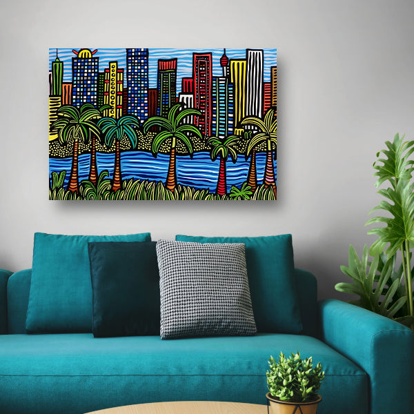 Kleurrijk stadsgezicht met palmbomen schilderij acrylglas