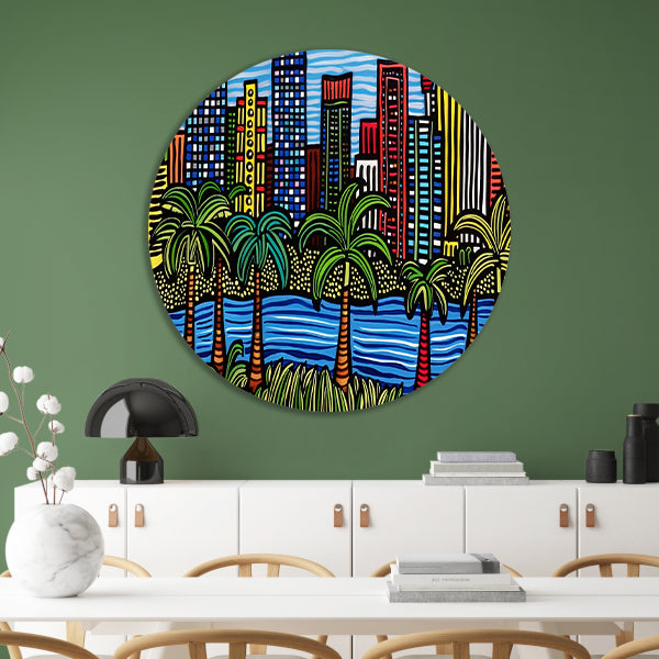 Kleurrijk stadsgezicht met palmbomen schilderij aluminium muurcirkel