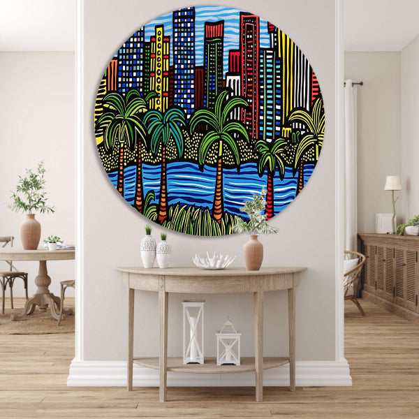 Kleurrijk stadsgezicht met palmbomen schilderij aluminium muurcirkel
