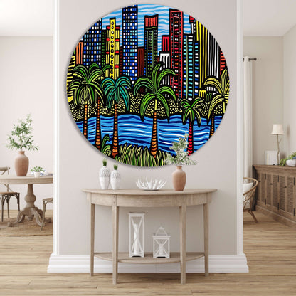 Kleurrijk stadsgezicht met palmbomen schilderij aluminium muurcirkel