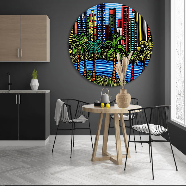 Kleurrijk stadsgezicht met palmbomen schilderij aluminium muurcirkel