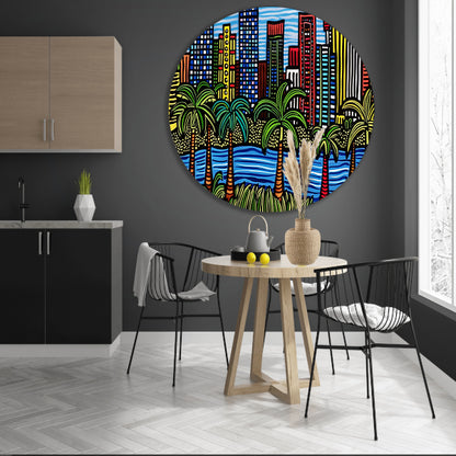 Kleurrijk stadsgezicht met palmbomen schilderij aluminium muurcirkel