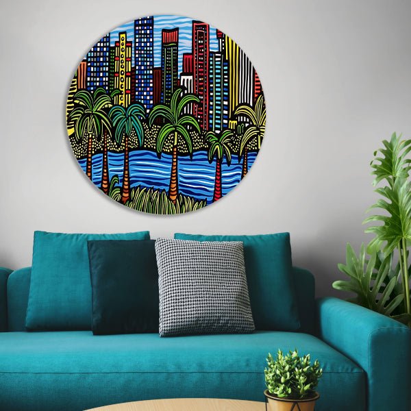 Kleurrijk stadsgezicht met palmbomen schilderij aluminium muurcirkel