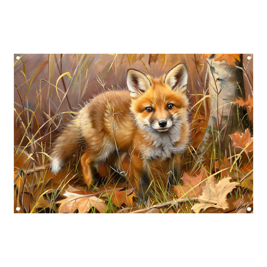Schattige jonge vos in herfstbos tuinposter