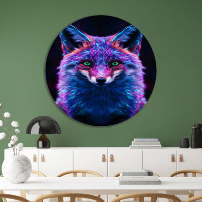 Neon vos kunstwerk met levendige kleuren aluminium muurcirkel