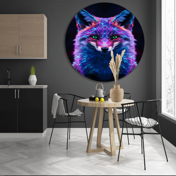 Neon vos kunstwerk met levendige kleuren aluminium muurcirkel