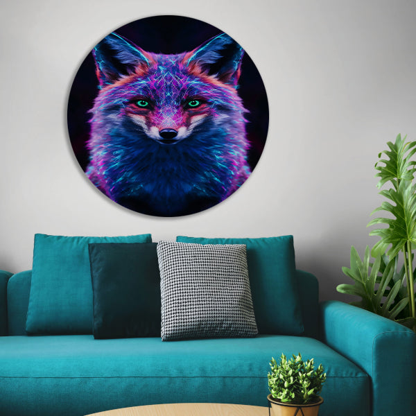 Neon vos kunstwerk met levendige kleuren aluminium muurcirkel
