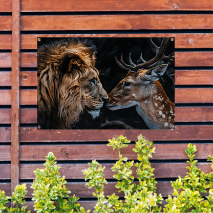 Leeuw en hert tegen donkere achtergrond tuinposter