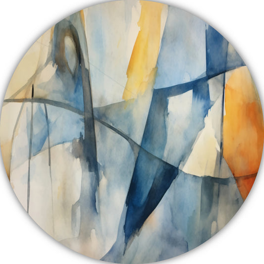 Aquarel compositie in blauw, geel en wit aluminium muurcirkel