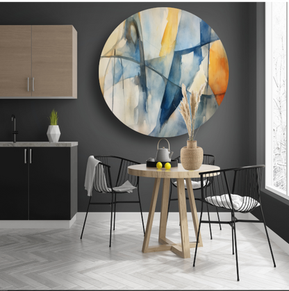 Aquarel compositie in blauw, geel en wit aluminium muurcirkel