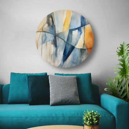 Aquarel compositie in blauw, geel en wit aluminium muurcirkel