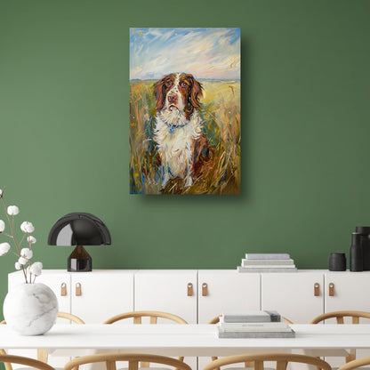 Hondenschilderij in een kleurrijk landschap canvas met baklijst