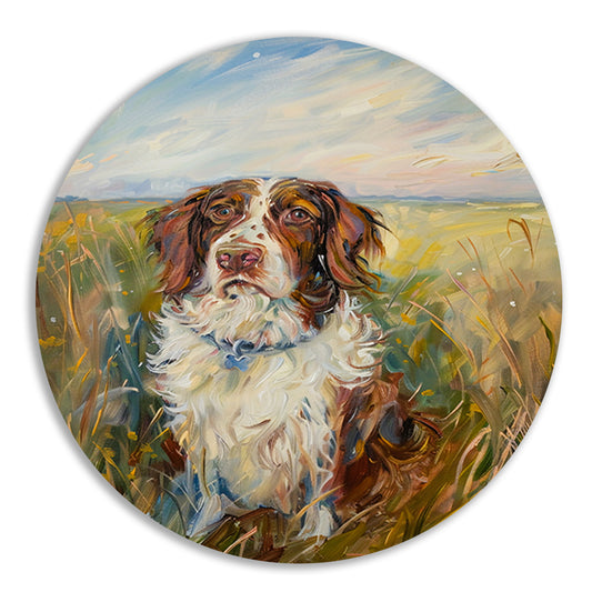 Hondenschilderij in een kleurrijk landschap aluminium muurcirkel