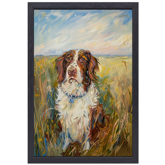 Hondenschilderij in een kleurrijk landschap canvas met baklijst