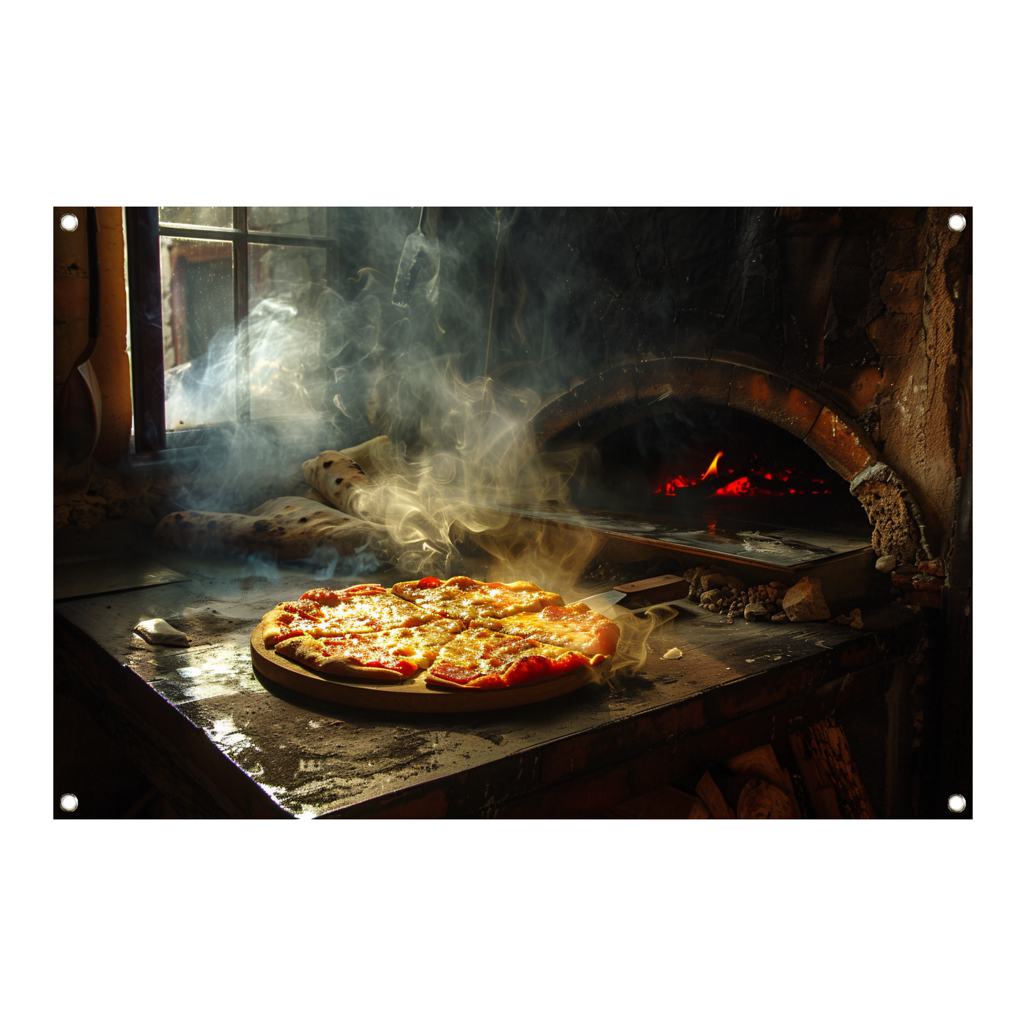 Huisgemaakte pizza in traditionele oven tuinposter