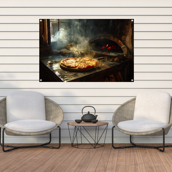 Huisgemaakte pizza in traditionele oven tuinposter