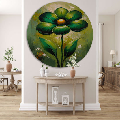 Groene Abstracte Bloem met Dynamische Bladeren aluminium muurcirkel