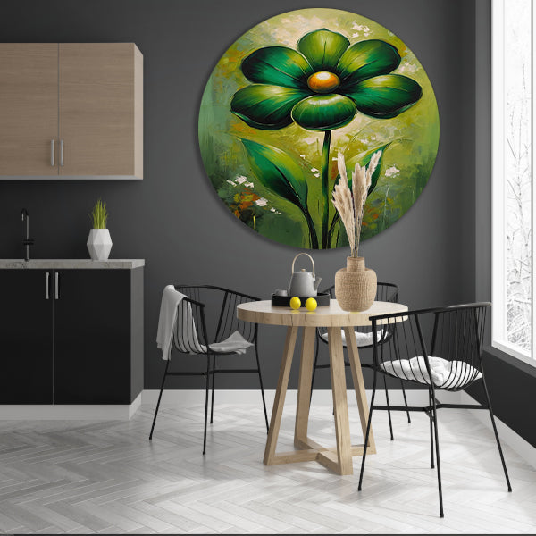 Groene Abstracte Bloem met Dynamische Bladeren aluminium muurcirkel