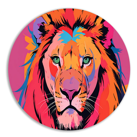 Kleurrijke popart leeuw illustratie voor interieur aluminium muurcirkel