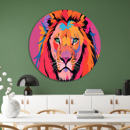 Kleurrijke popart leeuw illustratie voor interieur aluminium muurcirkel