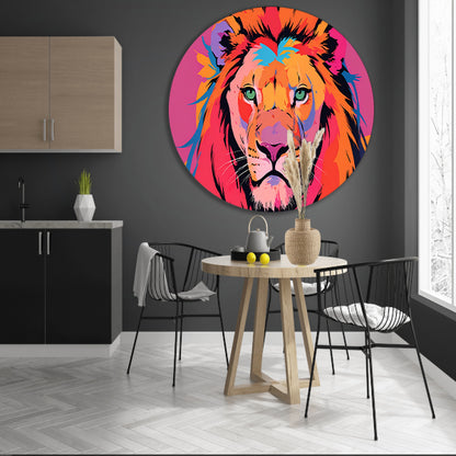 Kleurrijke popart leeuw illustratie voor interieur aluminium muurcirkel