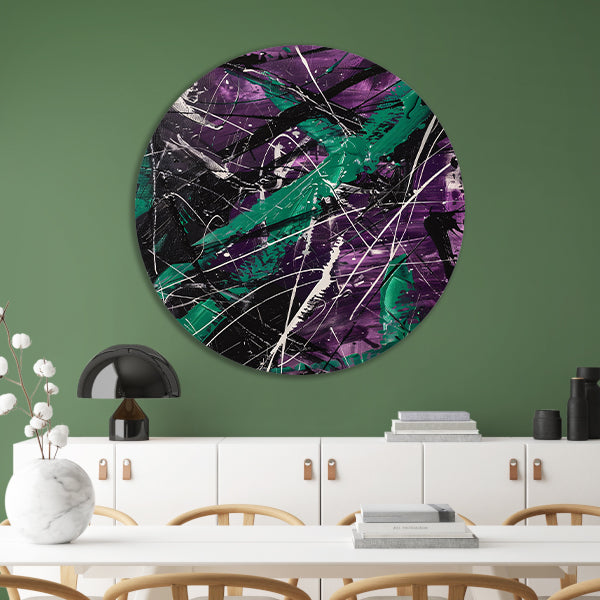 Abstracte dynamische figuur met paarse tinten aluminium muurcirkel
