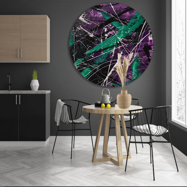 Abstracte dynamische figuur met paarse tinten aluminium muurcirkel