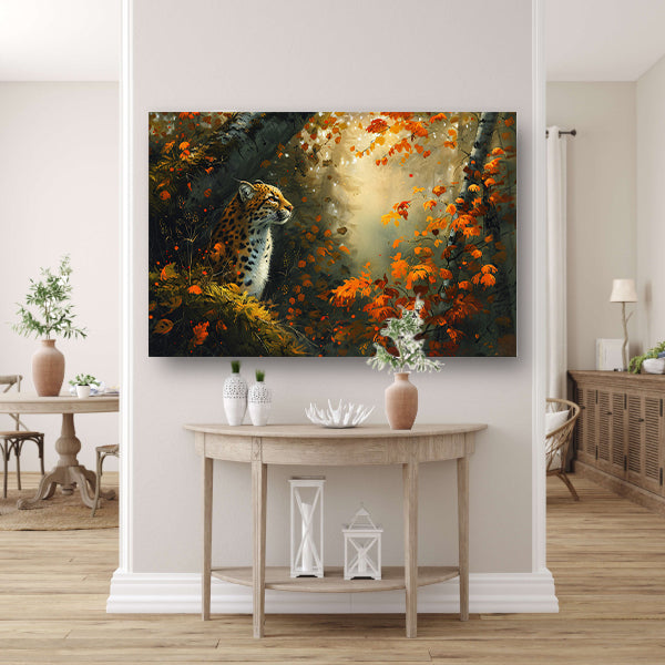 Luipaard in kleurrijk herfstbos acrylglas
