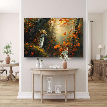 Luipaard in kleurrijk herfstbos acrylglas