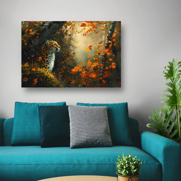 Luipaard in kleurrijk herfstbos acrylglas