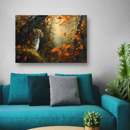 Luipaard in kleurrijk herfstbos acrylglas