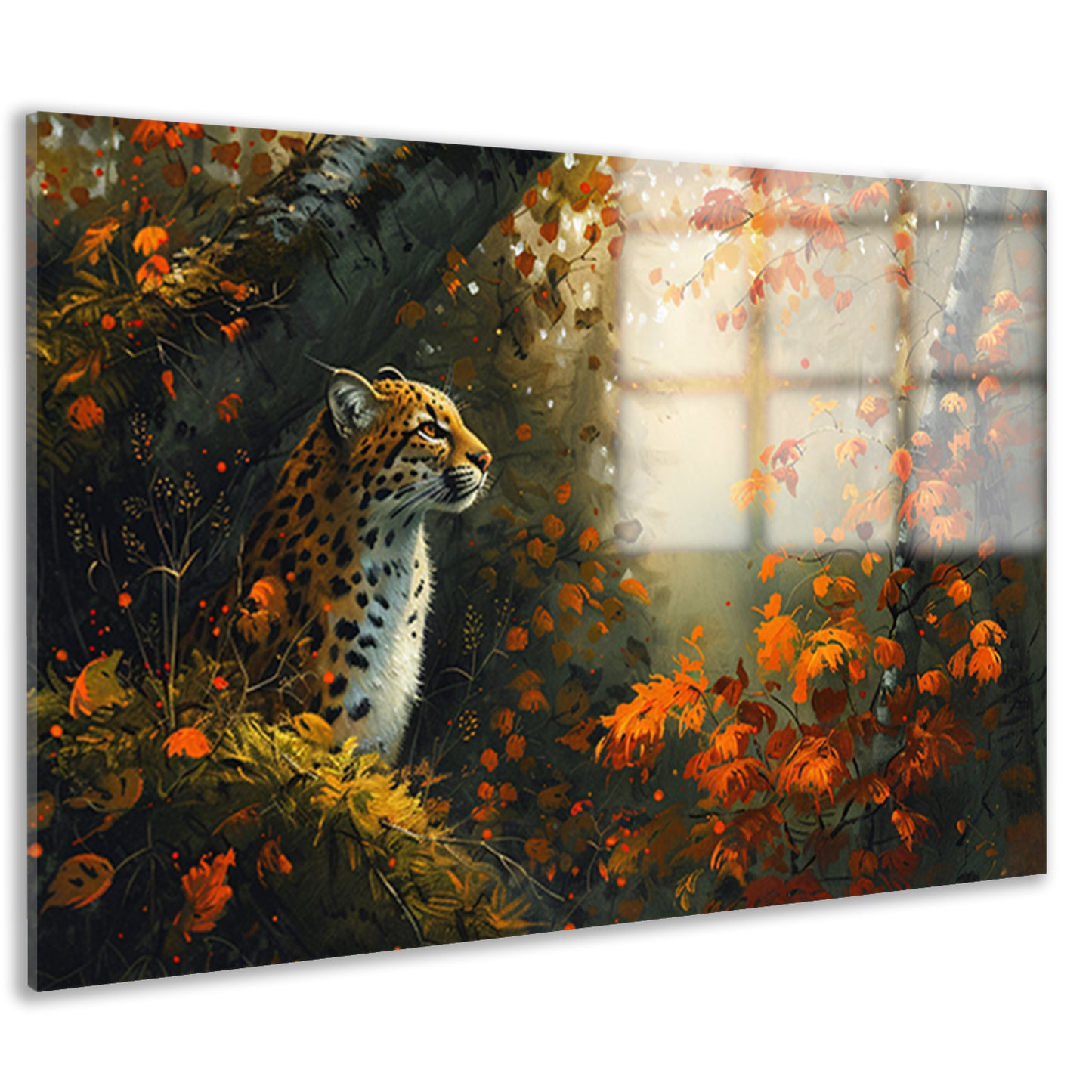 Luipaard in kleurrijk herfstbos acrylglas