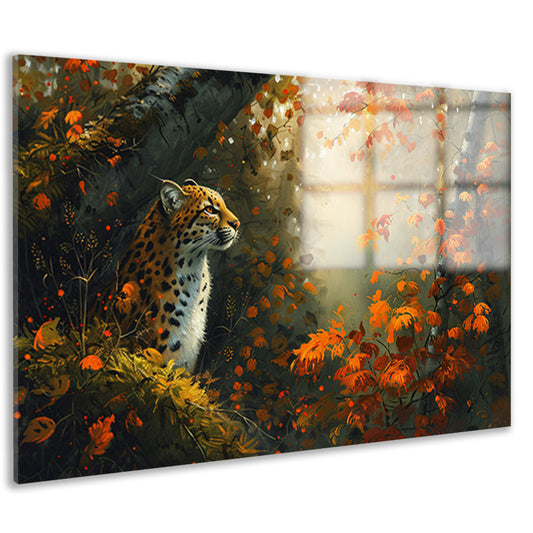 Luipaard in kleurrijk herfstbos acrylglas