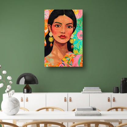 Kleurrijk portret Indiase vrouw met bloemenachtergrond canvas