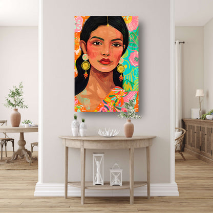 Kleurrijk portret Indiase vrouw met bloemenachtergrond canvas