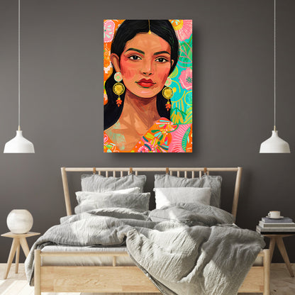 Kleurrijk portret Indiase vrouw met bloemenachtergrond canvas