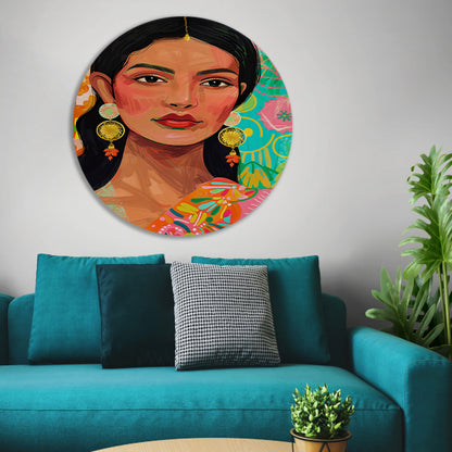 Kleurrijk portret Indiase vrouw met bloemenachtergrond aluminium muurcirkel