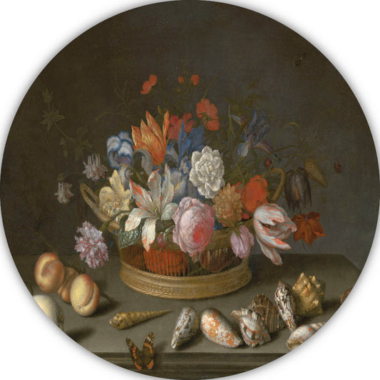 Tulpen, rozen en andere bloemen in een mand - Balthasar van der Ast aluminium muurcirkel