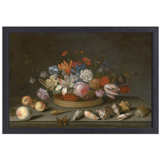 Tulpen, rozen en andere bloemen in een mand - Balthasar van der Ast canvas met baklijst