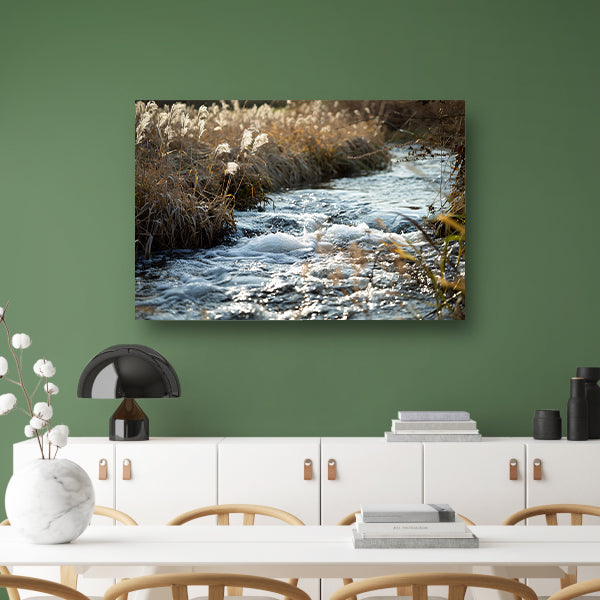 Stromende kreek omgeven door wilde flora acrylglas