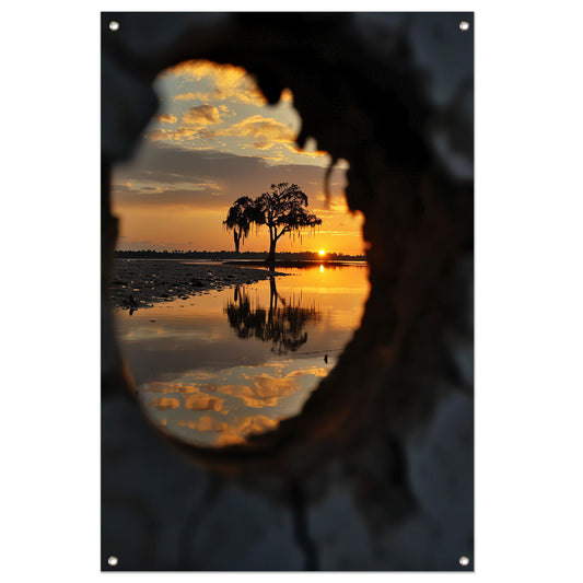 Silhouet van een boom bij zonsondergang tuinposter