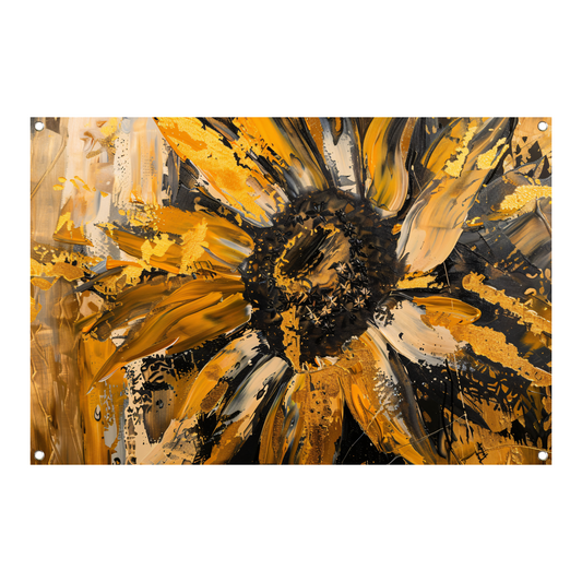 Dynamische abstracte zonnebloem in goud en zwart tuinposter