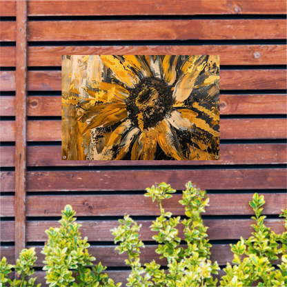 Dynamische abstracte zonnebloem in goud en zwart tuinposter