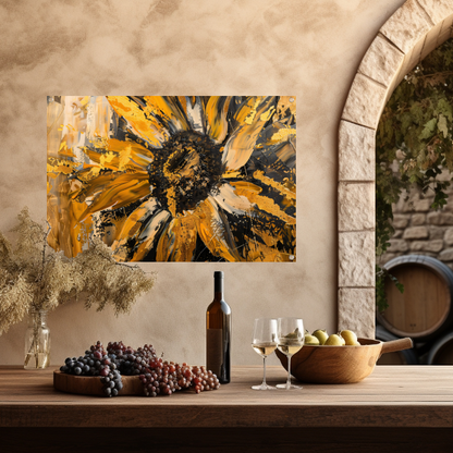 Dynamische abstracte zonnebloem in goud en zwart tuinposter