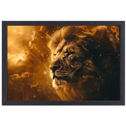 Gouden leeuw omringd door vurige gloed canvas met baklijst